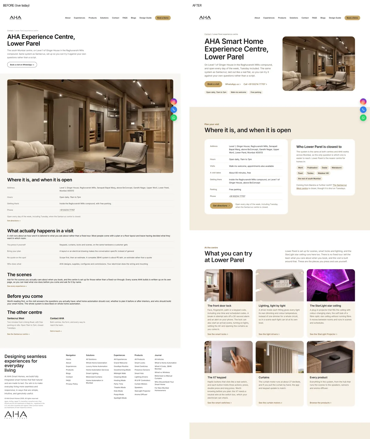 Before and after screenshots of an experience-centre page: the after version adds visit details, nearby areas and products to try